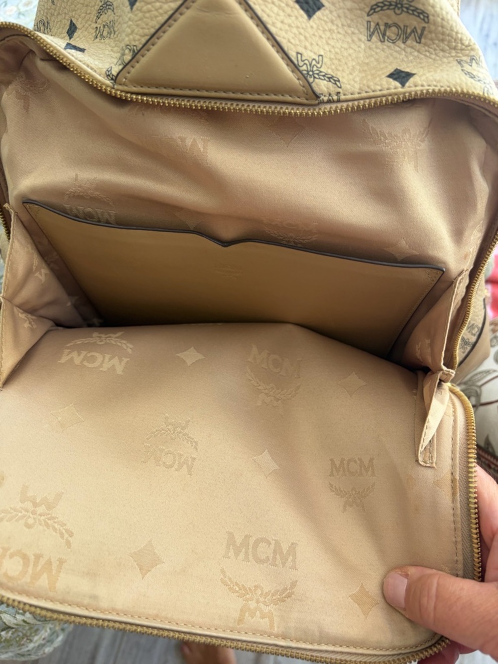 MCM Cognac Beige Monogram Backpack with Black Logos - Picture 7 of 9